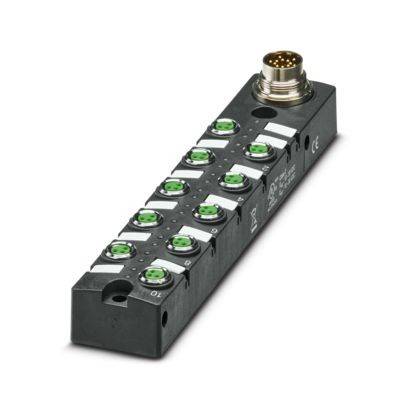 Ein schwarzer Multi-Port-Industriesteckverbinder mit mehreren grünen LED-Indikatoren und einem runden Stecker.