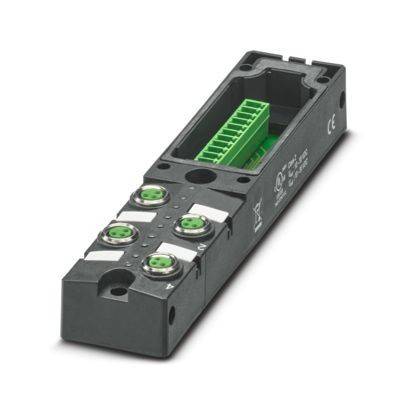 Ein Industriesteckmodul mit vier kreisförmigen Anschlüssen mit den Nummern 1 bis 4 und einer Reihe grüner Anschllussklemmen. Geeignet für die Verwendung an Montagelinien.