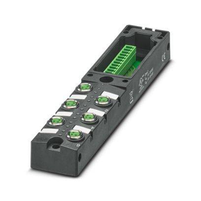 Ein schwarzes elektronisches Modul mit sechs kreisförmigen grünen Steckverbindern und einer Reihe von grünen Klemmenblöcken, möglicherweise zur Verwendung in der Industrieautomation.