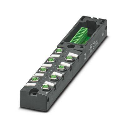 Ein schwarzes modulares elektronisches Gerät mit acht grünen Tasten, die in zwei Reihen angeordnet sind, und einem großen grünen Steckplatz, der für die Industrieautomation verwendet wird.