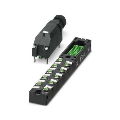 Verteilkasten und Industriestecker mit mehreren Anschlüssen, entwickelt für Verkabelung und Signalverteilung in Automatisierungssystemen.