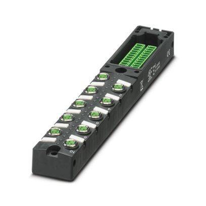 Ein schwarzes elektronisches Gerät mit mehreren grünen LED-Anzeigen und Anschlussklemmen, wahrscheinlich für industrielle Automatisierung oder Steuerungssysteme verwendet.