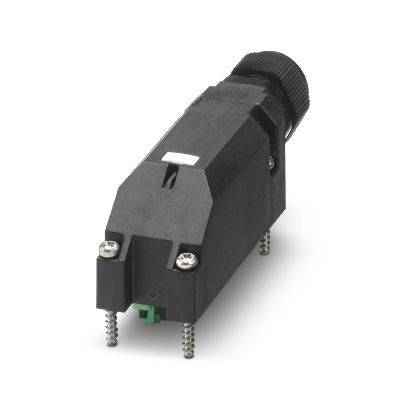Schwarzer rechteckiger elektronischer Stecker oder Sensormodul mit Gewinde-Endkappe und Befestigungsschrauben, gezeigt auf weißem Hintergrund.