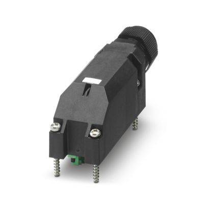 Ein schwarzes Phoenix Contact Sensor-/Aktor-Modul mit einem zylindrischen Anschluss und vier sichtbaren Schrauben, aufrecht auf weißem Hintergrund positioniert.