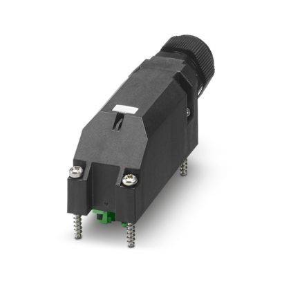 Eine schwarze, rechteckige elektronische Komponente mit Metallschrauben und Stiftverbindern, die für elektrische Verbindungen verwendet wird.