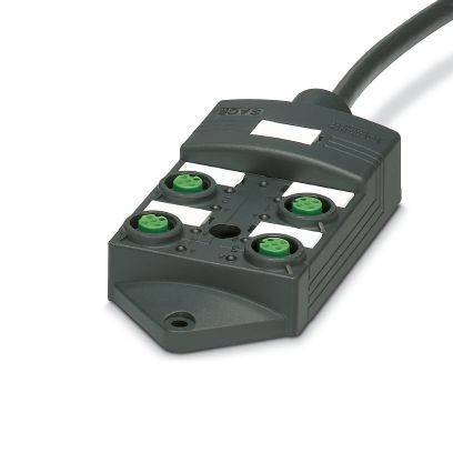 Ein schwarzes Vier-Port-Kabelstecker-Modul mit grünen kreisförmigen Buchsen und einem angeschlossenen Kabel auf weißem Hintergrund.