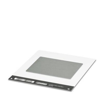 Ein quadratisches Dias mit einem grauen rechteckigen Film in der Mitte, umgeben von weißem Kunststoff. Schwarze Lasche unten mit Barcode und Codetext.