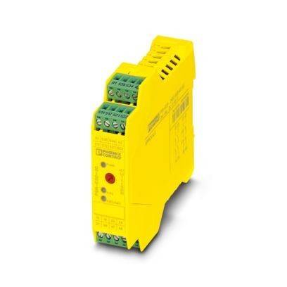 Ein gelbes Phoenix Contact Elektrosicherheitsrelais mit grünen Anschlussblöcken und einem roten Knopf auf der Vorderseite für den industriellen Einsatz.