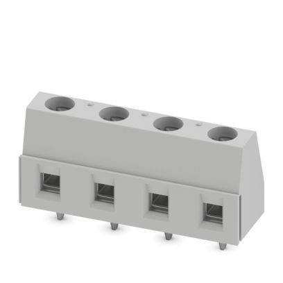 Ein graues 4-polige Steckterminal mit Metallstiften zum Anschluss von Elektrokabeln, leicht angewinkelt, um alle Anschlusspunkte zu zeigen.