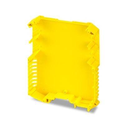 Eine gelbe Kunststoffmontageklammer mit Nuten und Befestigungspunkten, ausgelegt zum Halten von elektronischen Bauteilen oder Paneelen.