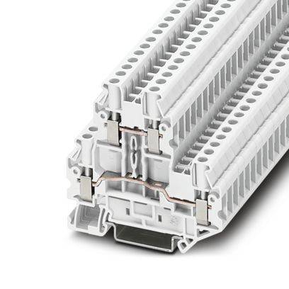 Ein weißes modulares Klemmleistenblock für die elektrische Verdrahtung mit mehreren Anschlusspunkten und Schlitzen zum Befestigen von Drähten auf einer DIN-Schiene.