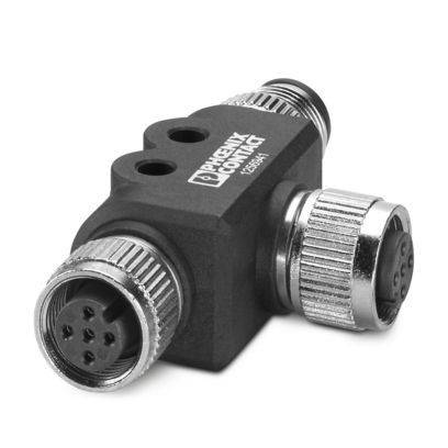 Ein T-förmiger Phoenix Contact Elektronikstecker mit sechspoliger Ausführung für industrielle Verdrahtungsanwendungen.