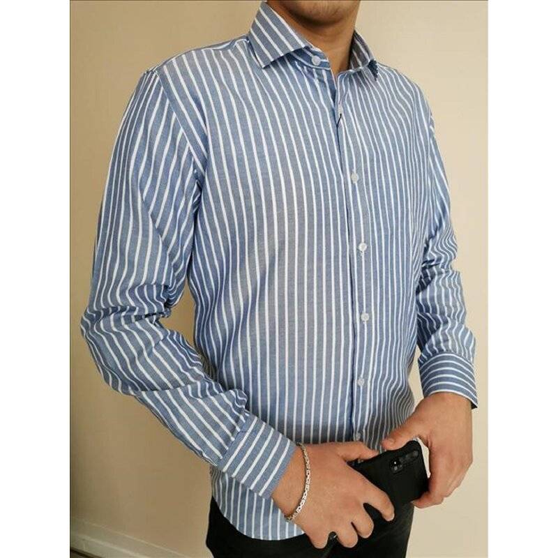 Megaman Langarmhemd Herren gestreift designer Premium Hemd Slim-Fit Business Hochzeit Shirt Hemden Größe S Blau