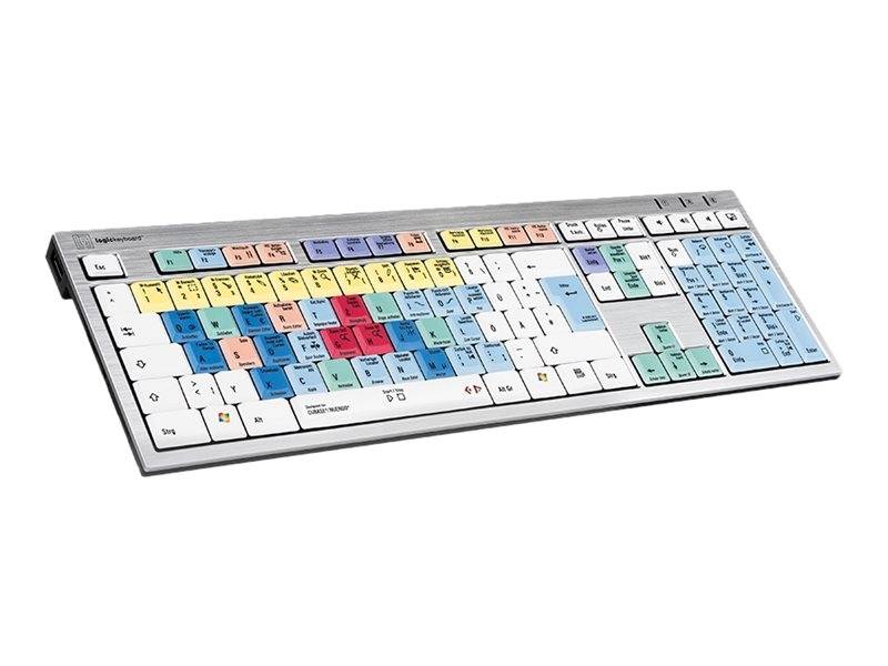 Ergonomisch gestaltete Computertastatur mit Farbcodierung und beschrifteten Tasten, die ein vollwertiges Split-Layout-Design zum Tippen von Tastenkombinationen und zum Bearbeiten zeigt.