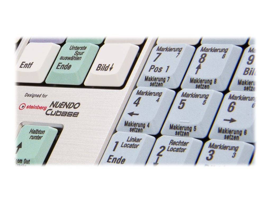 Nahaufnahme einer deutschen Steinberg Nuendo Cubase Tastatur-Schnellzugriff-Tastatur mit beschrifteten Tasten für Marker, Locators und Transportsteuerungen.