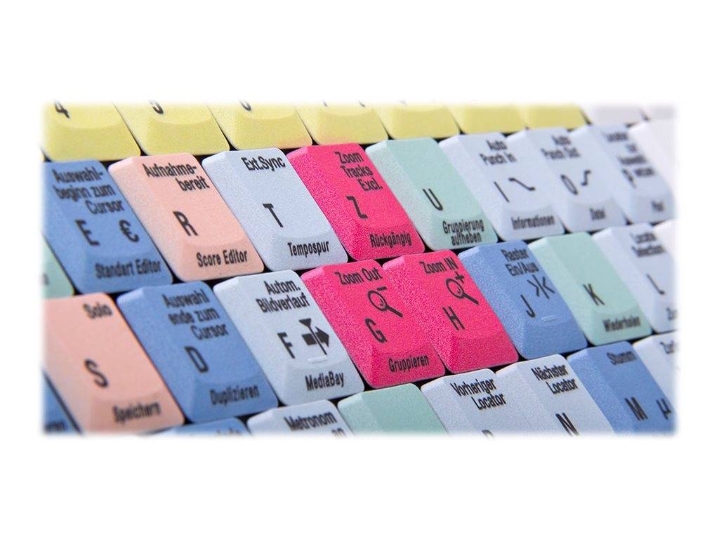Nahaufnahme einer farbcodierten Computertastatur mit Schnellzugriffstasten, die mit Bearbeitungs- und App-Befehlen beschriftet sind, wie z. B. Search Editor, Tempest und Gradient.