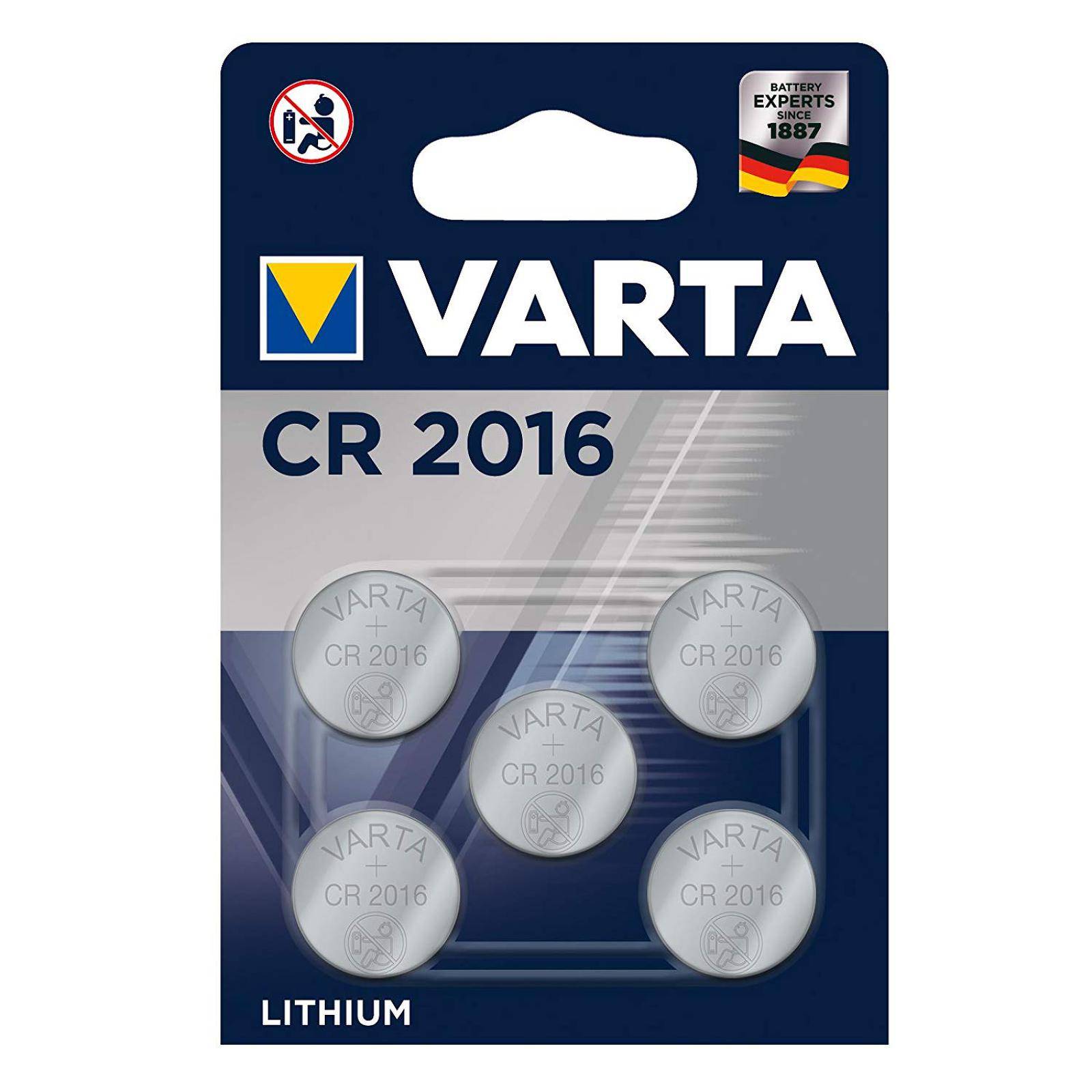 VARTA Lithium Knopfzelle, Batterie CR 2016, IEC CR2016, ersetzt auch DL2016, 3V 5er Blister, 3V, Lithium