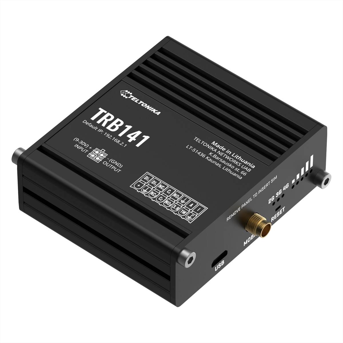 Schwarzes Teltonika TRB141 Industrial-IoT-Gateway/Modem auf weißem Hintergrund, mit sichtbaren USB-, Mobil- und Stromanschlüssen.