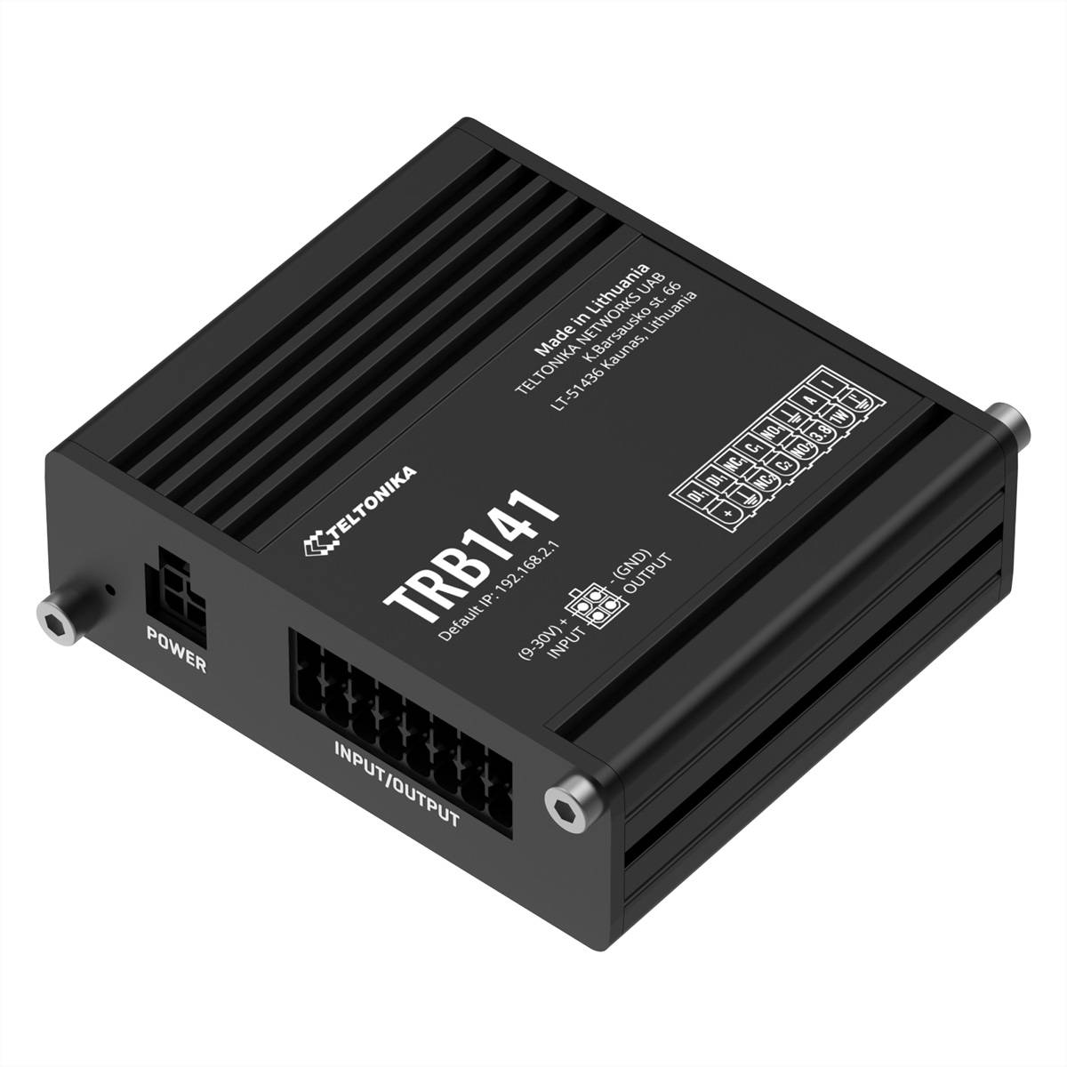 Schwarzes Teltonika TRB141 Industrie-Mobilfunk-Gateway-Modem mit Strom- und Ein-/Ausgangsanschlüssen auf weißem Hintergrund.