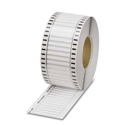 Eine Rolle rechteckiger weißer Etiketten mit Perforationen entlang der Kanten, teilweise abgerollt, wobei die Klebseite sichtbar ist.