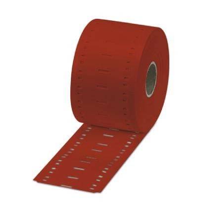 Eine Rolle von rotem Sedimentfiltermaterial mit Perforationen auf einem weißen Hintergrund.