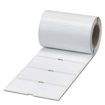 Eine Rolle blanker weißer Klebeetiketten, teilweise aufgerollt, die rechteckige Etiketten mit abgerundeten Ecken zeigt, die zum Beschriften von Gegenständen verwendet werden.