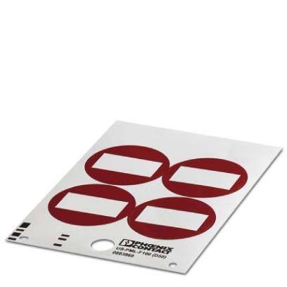 Ein Blatt Desco-Marken-Leitfähigkeitsetiketten mit vier roten rechteckigen Etiketten mit abgerundeten Enden, die für statische Entladungsanwendungen konzipiert sind.