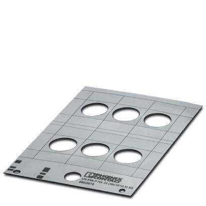Eine Metallkalibrierungszielkarte mit sechs kreisförmigen Löchern, die in einem Raster angeordnet sind und zur dimensionalen Kontrolle bei Präzisionsmessungen verwendet wird.