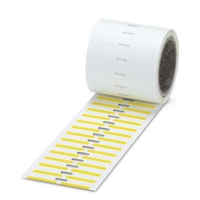 Eine Rolle weißer Klebeetiketten mit abwechselnden gelben und weißen Streifen, die zur Beschriftung verwendet werden.