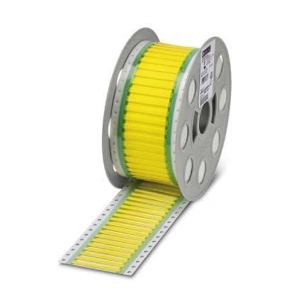 Eine graue Spule mit einer Rolle gelber Markierungen, teilweise abgewickelt, mit einem seitlich angebrachten Etikett zur Produktidentifikation.
