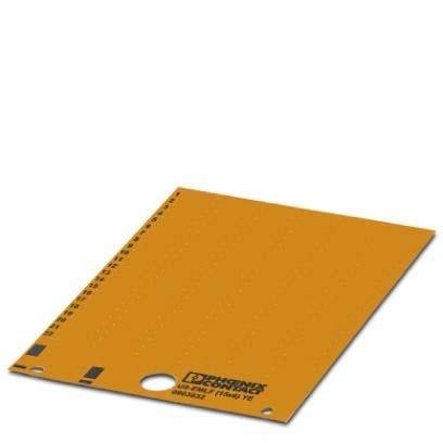 Orangefarbene Phoenix Contact Terminalkennzeichnungskarte mit vorperforierter rechteckiger Beschriftung und zentraler Bohrung.