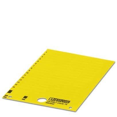 Gelbes Beschriftungsblatt mit Perforationen und 'Phoenix Contact' am unteren Rand, verwendet zur Kennzeichnung elektrischer Komponenten.