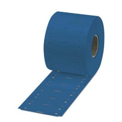 Eine Rolle blauer Klebeetiketten mit gezackten Kanten, teilweise abgerollt und so konzipiert, dass sie leicht abgezogen und aufgeklebt werden können.