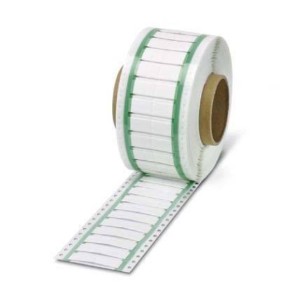 Eine Rolle grünrandiger Klebeetiketten, abgewickelt, um die perforierten Etiketten in Spalten ausgerichtet zu zeigen, die zum Organisieren oder Versenden verwendet werden.