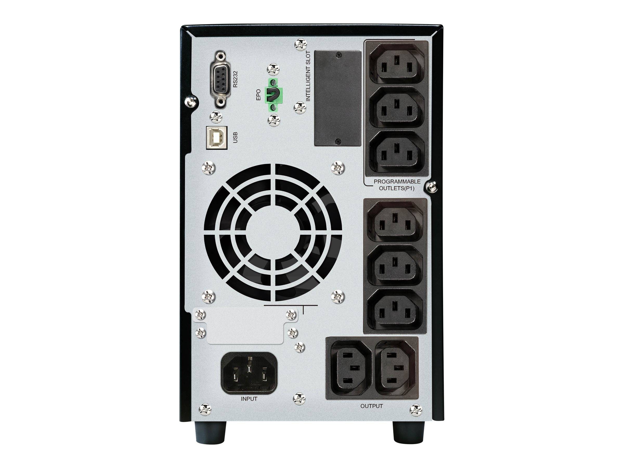 Rückansicht einer USV-Stromversorgung mit Eingangs- und Ausgangsbuchsen, USB- und seriellen Anschlüssen, einem Kühlüfter und mehreren programmierbaren Steckdosen.