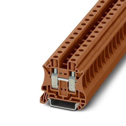 Ein braunes modulares Endlosklemmleisten-Block mit mehreren Verbindungssteckplätzen, entwickelt für effiziente Verdrahtungssysteme in elektrischen Installationen.