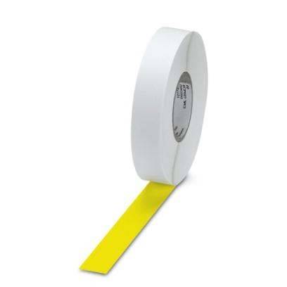 Eine Rolle weißes Klebeband mit einem herausragenden Streifen gelben Bandes, verwendet zum Markieren oder Beschriften von Oberflächen.