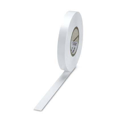Ein Rolle weißes Klebeband mit einem langen, entrollten Streifen auf einer Oberfläche.