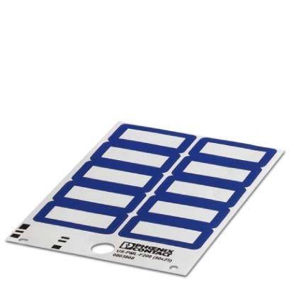 Blatt mit drei Spalten von rechteckigen blauen Etiketten, jeweils umrandet.