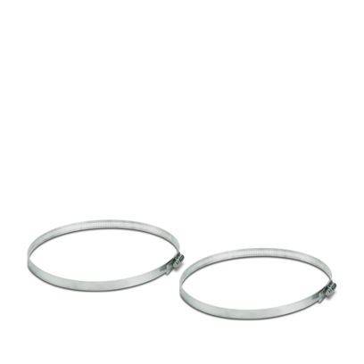 Zwei Metallschlauchschellen mit verstellbaren Schrauben zum Befestigen von Schläuchen.