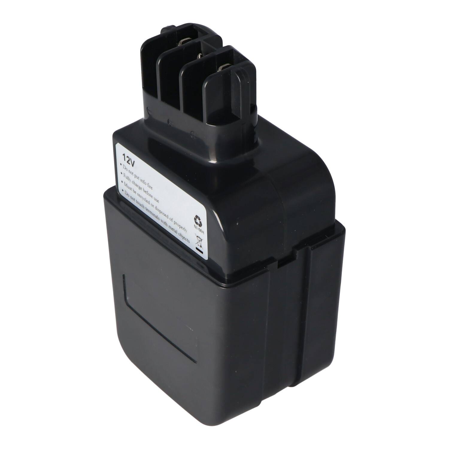 Schwarzes 12-V-Akku-Pack mit weißem Etikett und mehrpoligem Stecker oben, vor einem einfachen weißen Hintergrund dargestellt.
