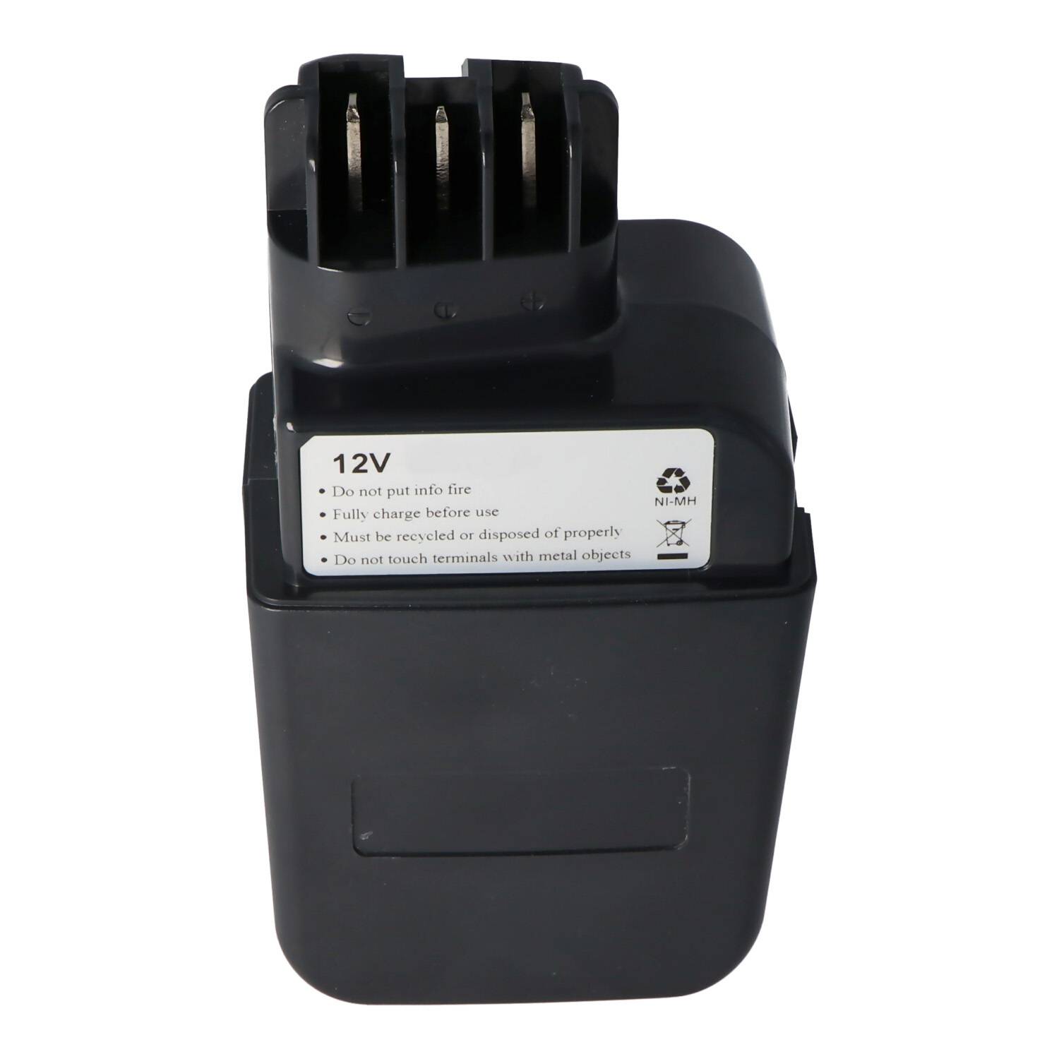 Schwarzes 12V wiederaufladbares Batteriepack mit Anschlussslitz und Sicherheitsetikett, dargestellt auf weißem Hintergrund.