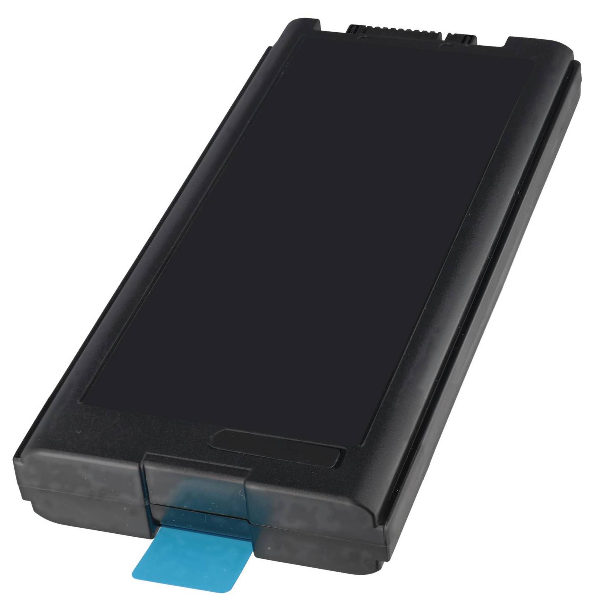 Schwarzes rechteckiges Batteriepaket mit einer blauen Zuglasche, die von unten herausragt.