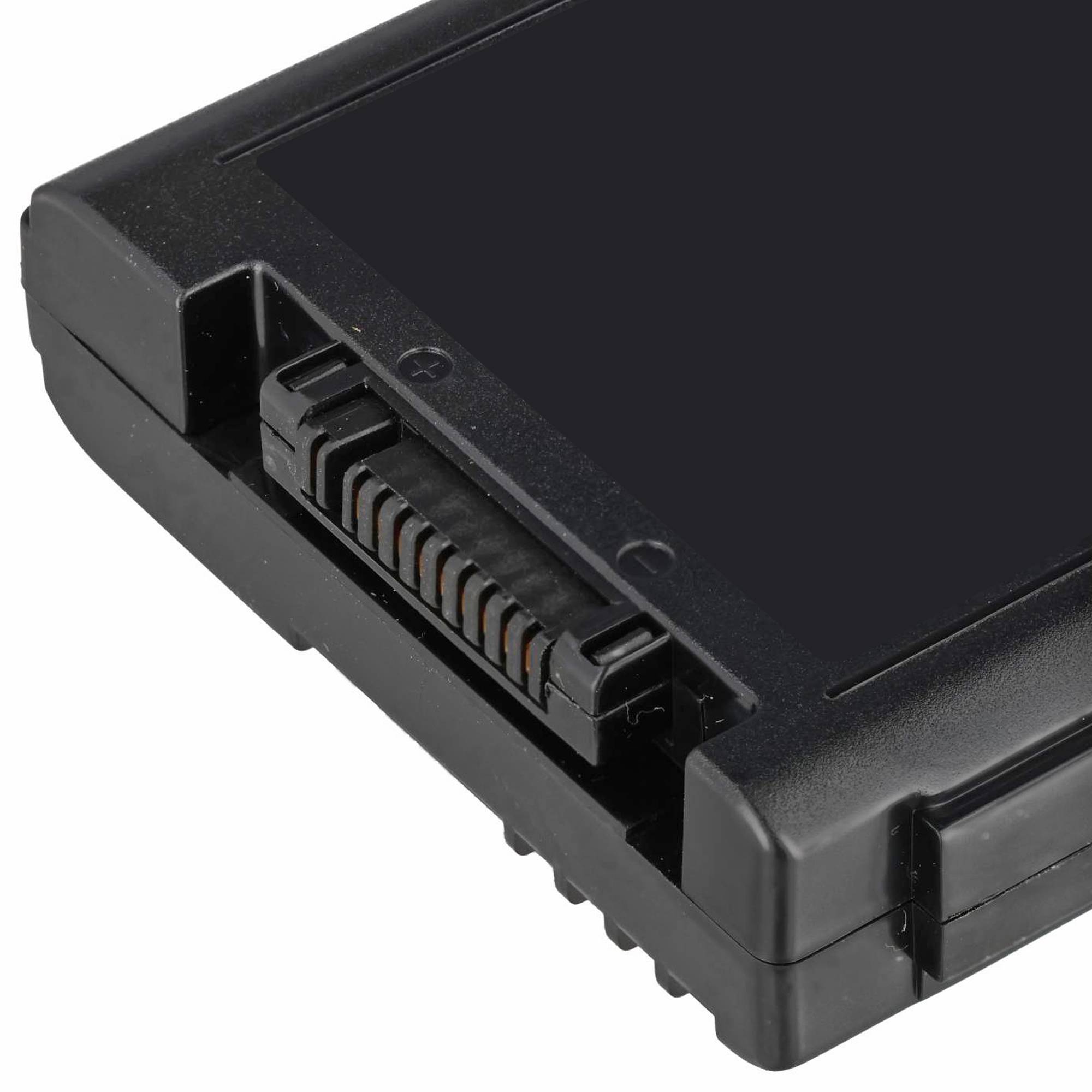 Nahaufnahme eines schwarzen wiederaufladbaren Laptop-Akkupacks mit freiliegenden Anschlussklemmen.