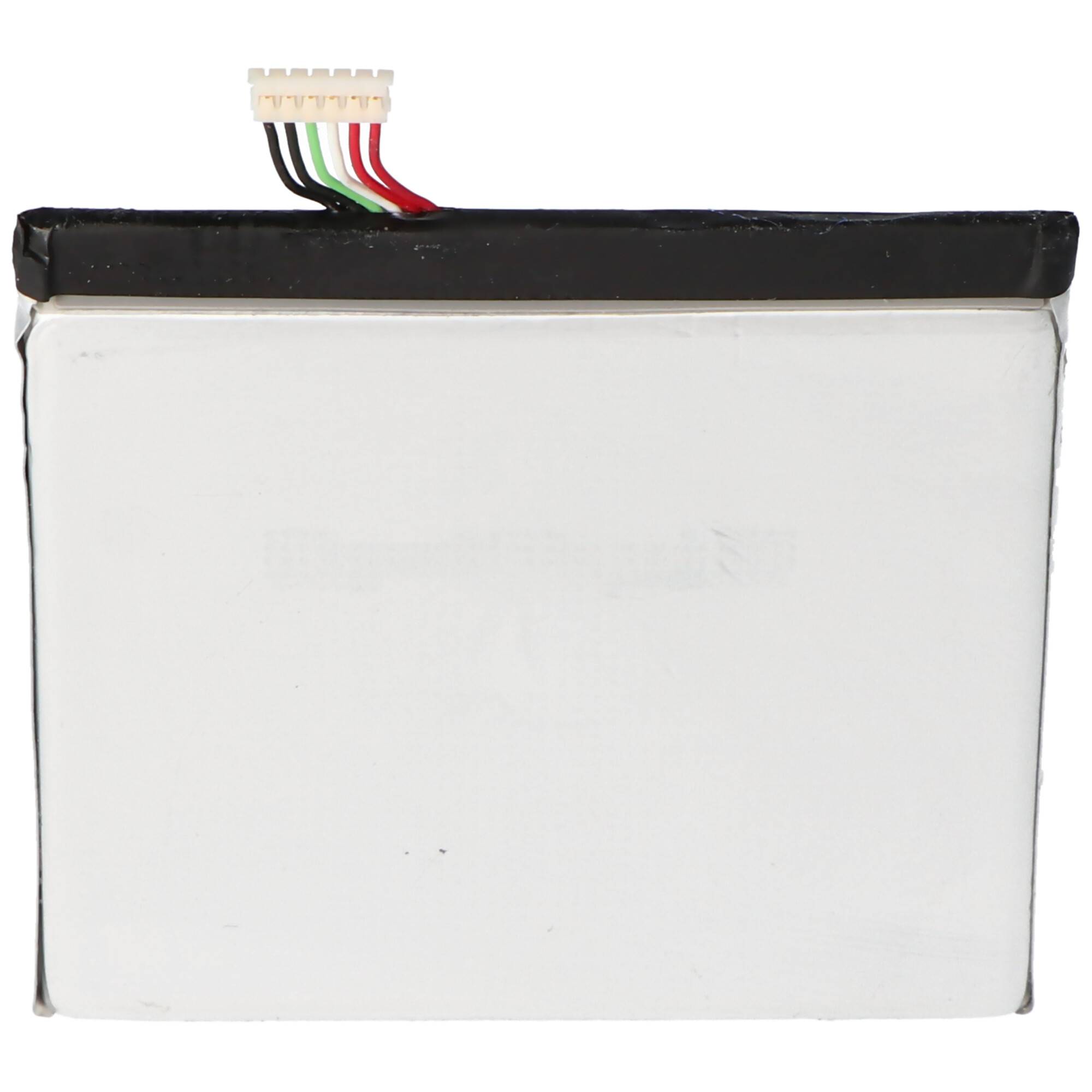 Rechteckiges wiederaufladbares Batteriepaket mit weißem Gehäuse, schwarzer oberer Kante und einem kleinen mehrfarbigen Steckverbinder, der oben hervorsteht.