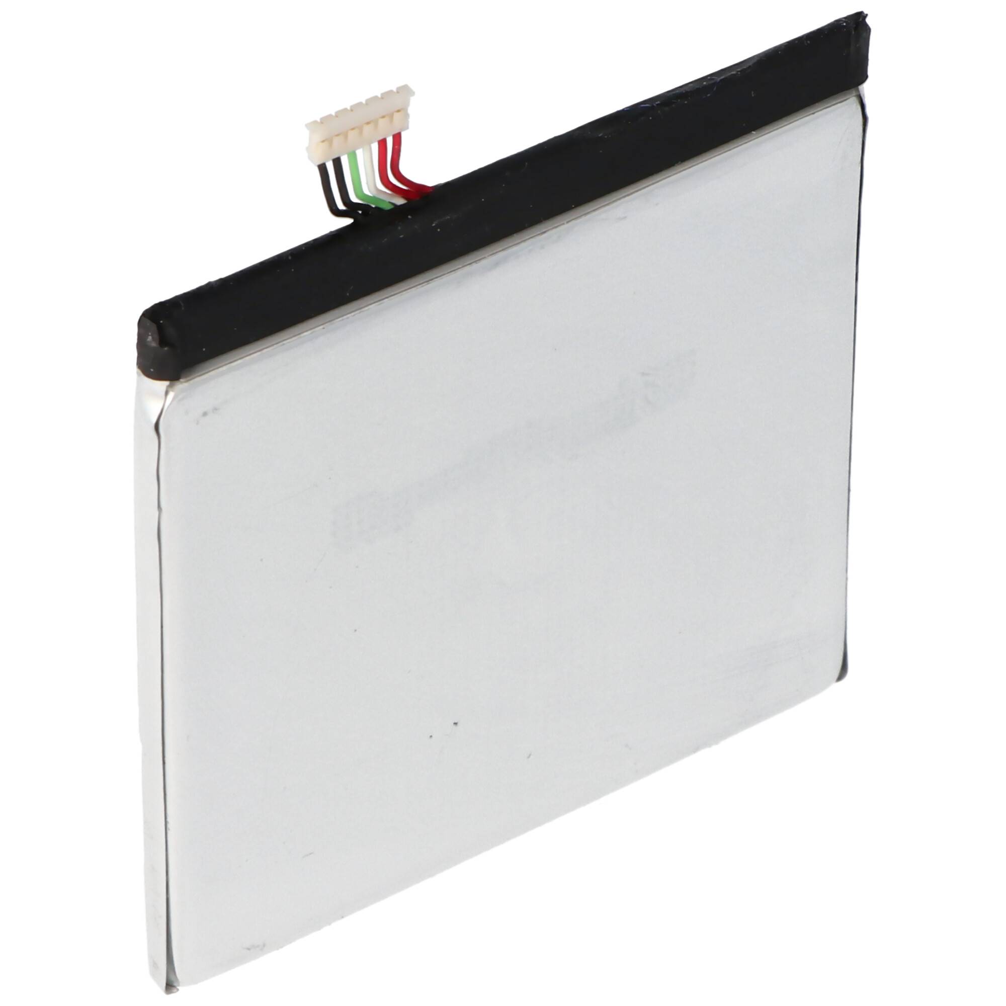 Dünnes rechteckiges Lithium-Ionen-Batteriepack mit kleinem Anschluss und roten, schwarzen und grünen Drähten, die oben angebracht sind.