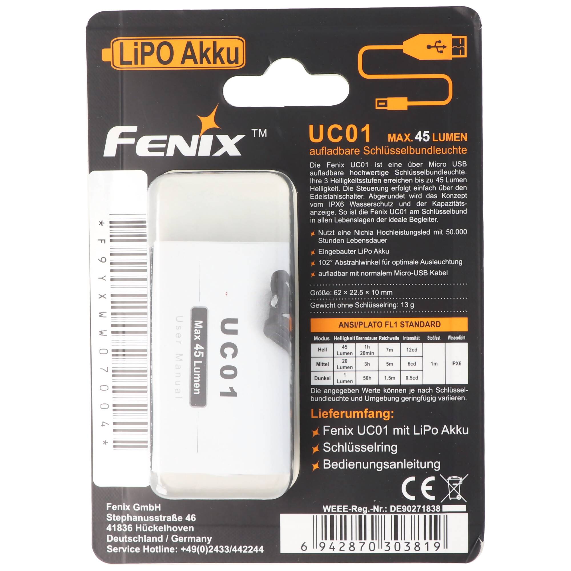 Fenix UC01 LED-Taschenlampe im blauen Gehäuse, schlüsselbundleuchte mit Akku und USB Ladefunktion