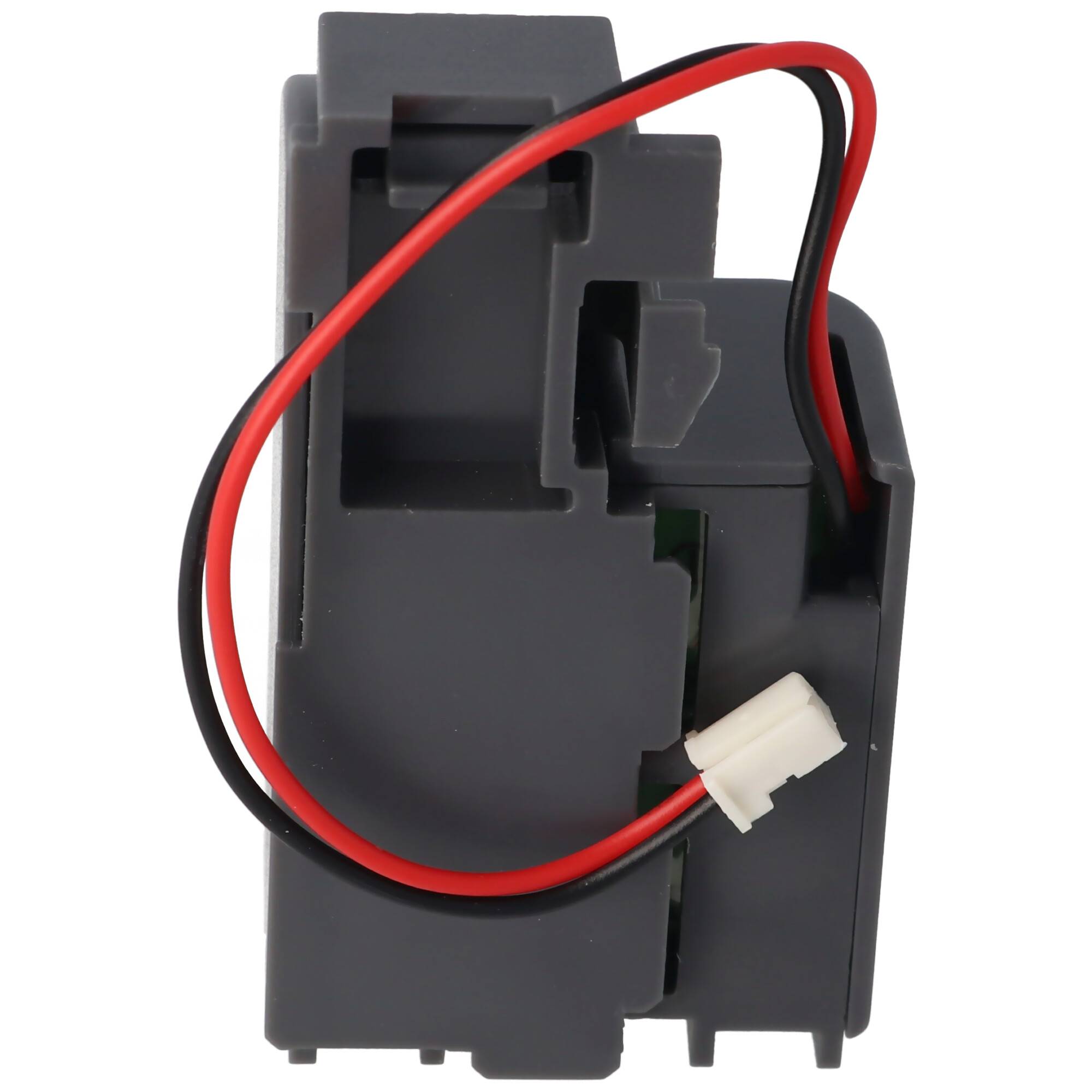 Ein kleines schwarzes und graues elektronisches Akkupack mit roten und schwarzen Kabeln und einem weißen Anschluss, dargestellt auf weißem Hintergrund.