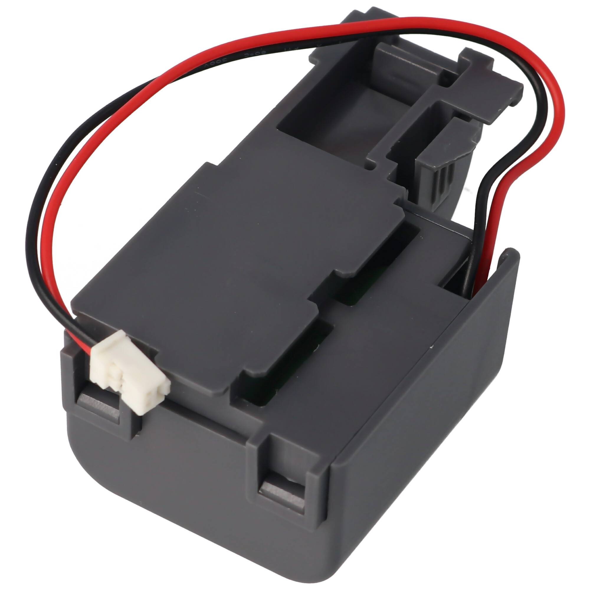 Schwarzer Kunststoff-Batterieholder mit angebrachten roten und schwarzen Drähten und einem weißen Steckerverbinder.