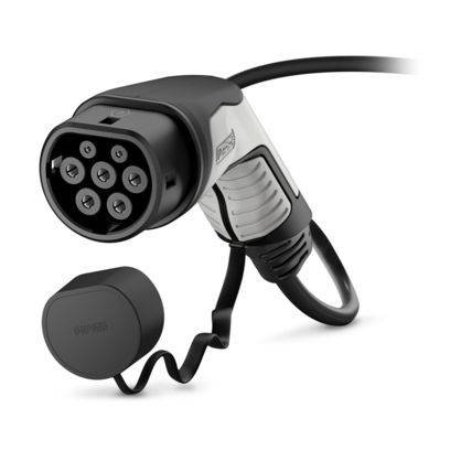 Nahaufnahme eines schwarz-weißen Elektrofahrzeug-Ladesteckers mit aufgewickeltem Kabel.